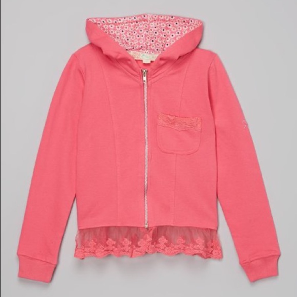 Free Planet Toddler Hot Pink Zip Up Pocket Hoodie with Lace Trim, Size 4